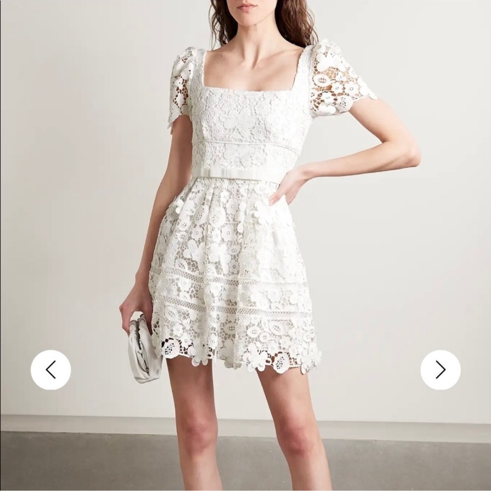NWOT: Self-Portrait White Lace Short-Sleeve Mini Dress, Size 4